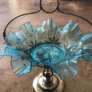silver and blue candy dish